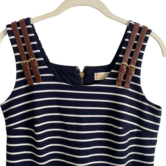 MICHAEL Kors  Coastal Navy White Striped Dress Leather Gold Buckles Small - Picture 5 of 15